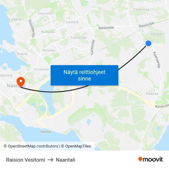 Raision Vesitorni to Naantali map