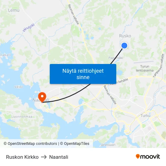 Ruskon Kirkko to Naantali map