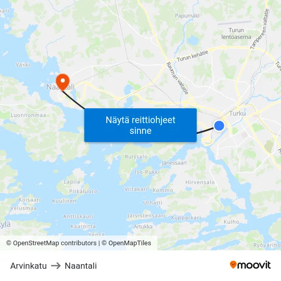 Arvinkatu to Naantali map