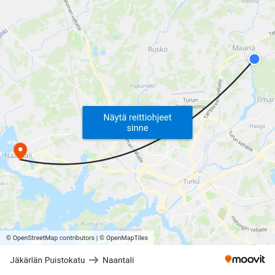 Jäkärlän Puistokatu to Naantali map