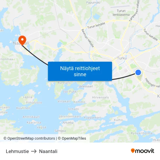 Lehmustie to Naantali map