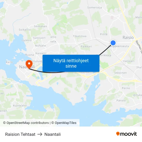 Raision Tehtaat to Naantali map