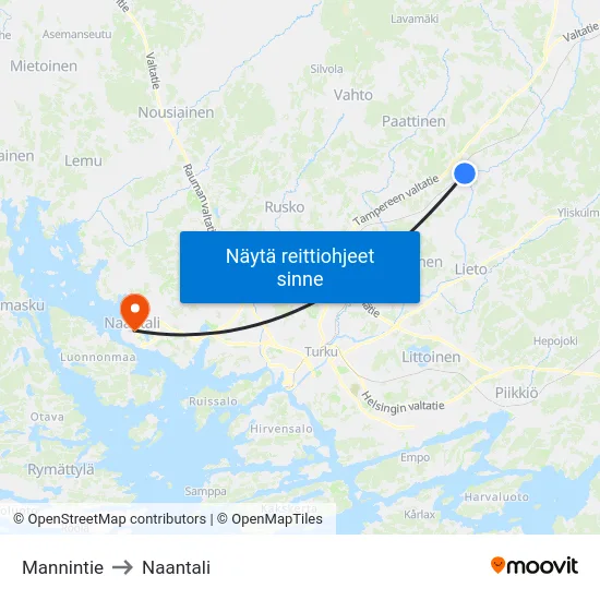 Mannintie to Naantali map