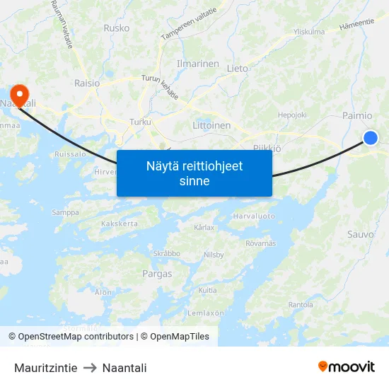 Mauritzintie to Naantali map
