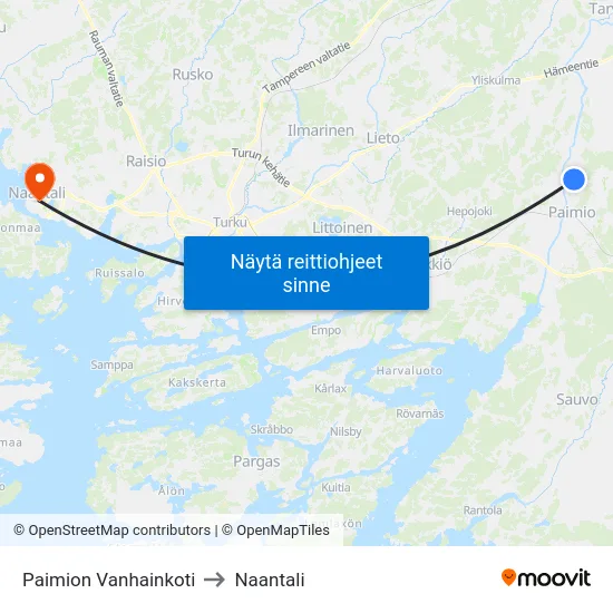 Paimion Vanhainkoti to Naantali map