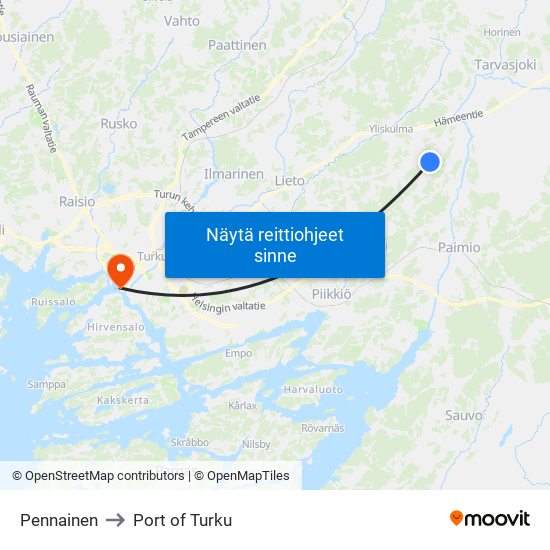 Pennainen to Port of Turku map