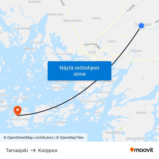 Tarvasjoki to Korppoo map