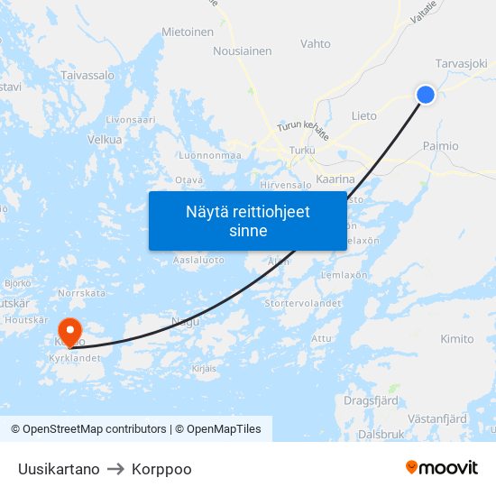 Uusikartano to Korppoo map