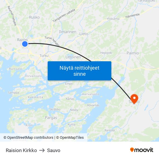 Raision Kirkko to Sauvo map