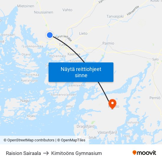 Raision Sairaala to Kimitoöns Gymnasium map