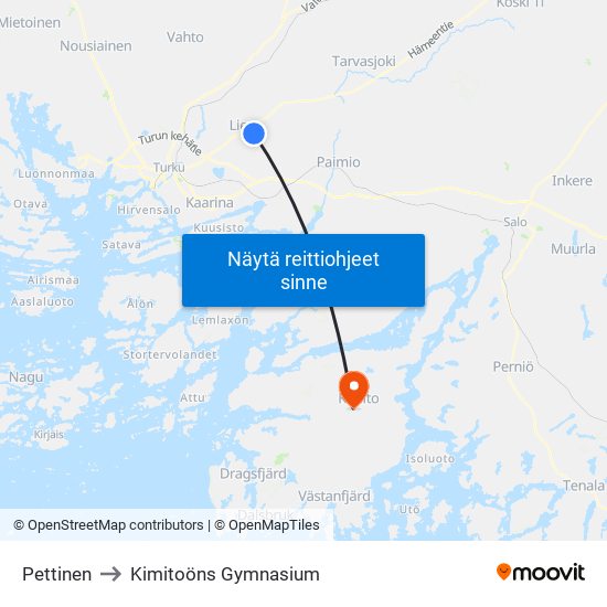 Pettinen to Kimitoöns Gymnasium map