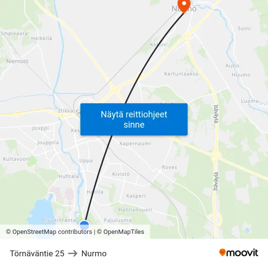 Törnäväntie 25 to Nurmo map