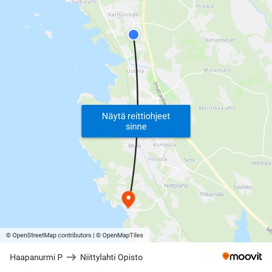 Haapanurmi P to Niittylahti Opisto map