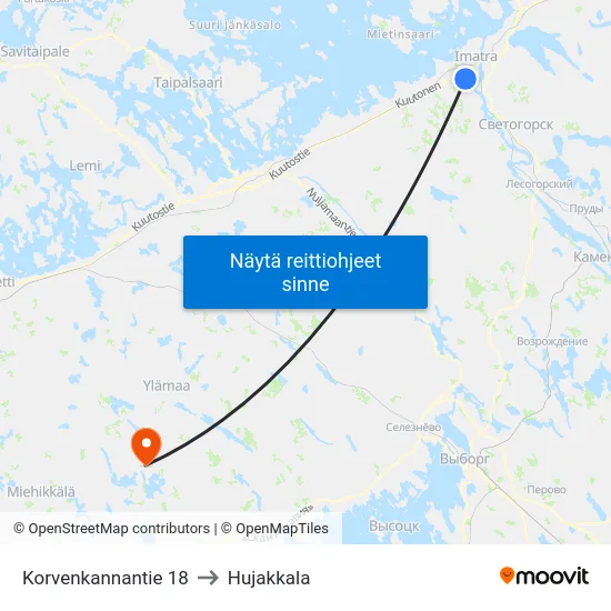 Korvenkannantie 18 to Hujakkala map