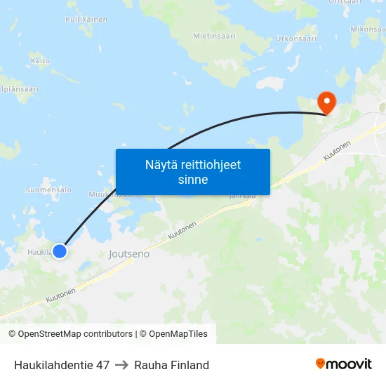 Haukilahdentie 47 to Rauha Finland map