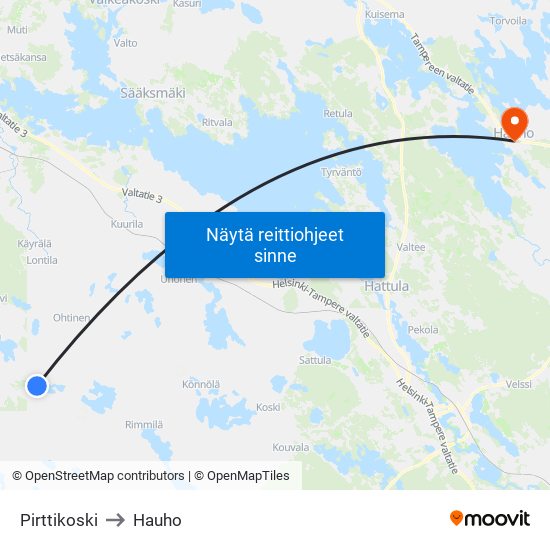 Pirttikoski to Hauho map