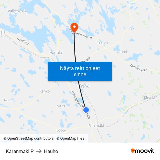 Karanmäki P to Hauho map