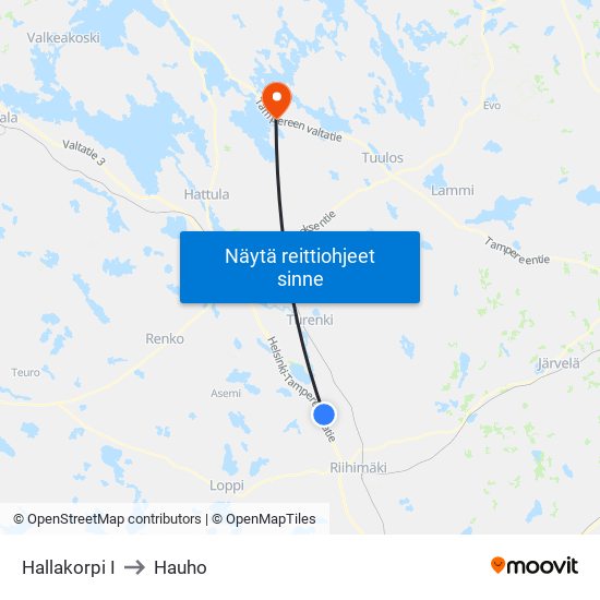 Hallakorpi I to Hauho map