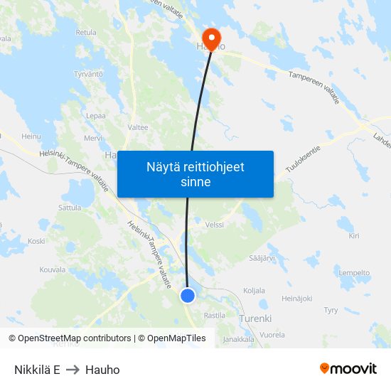 Nikkilä E to Hauho map