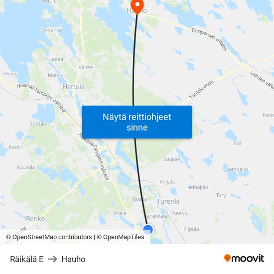 Räikälä E to Hauho map