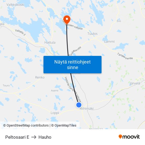 Peltosaari E to Hauho map