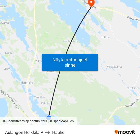 Aulangon Heikkilä P to Hauho map