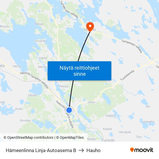 Hämeenlinna Linja-Autoasema B to Hauho map