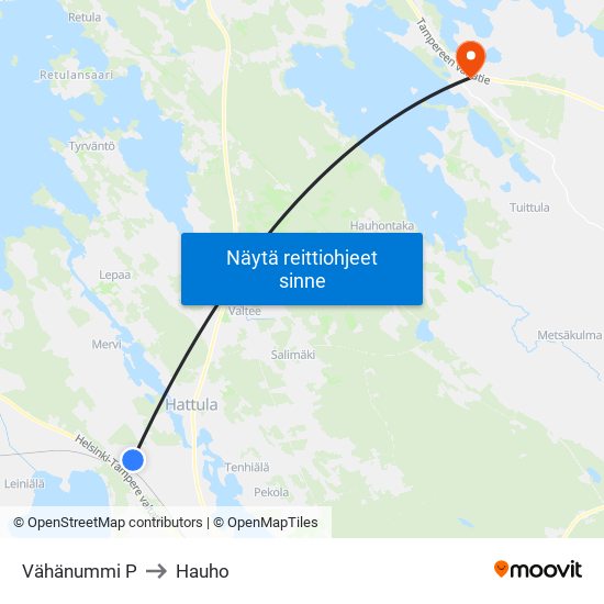 Vähänummi P to Hauho map