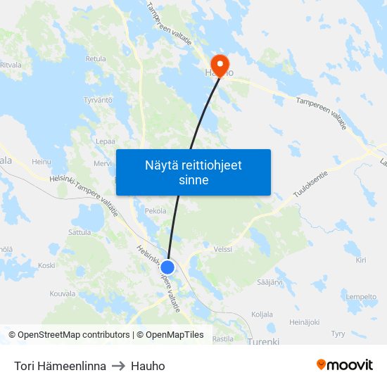 Tori Hämeenlinna to Hauho map