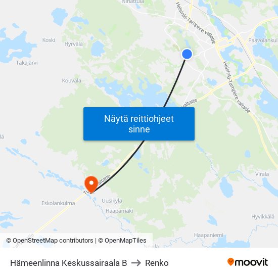 Hämeenlinna Keskussairaala B to Renko map