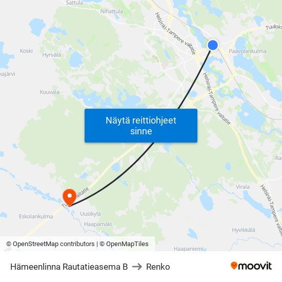 Hämeenlinna Rautatieasema B to Renko map