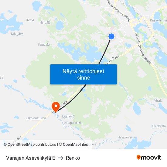 Vanajan Asevelikylä E to Renko map