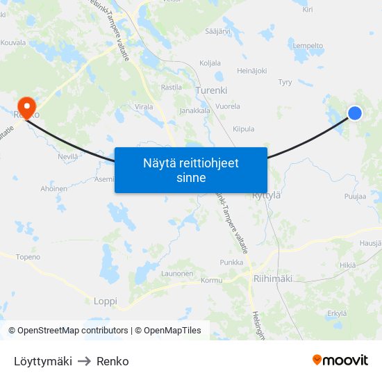 Löyttymäki to Renko map