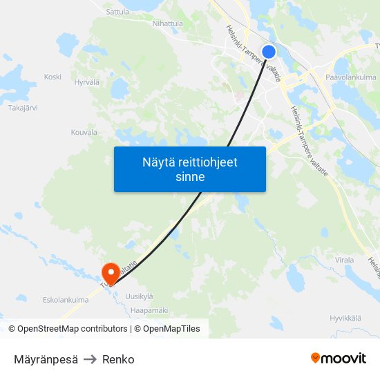 Mäyränpesä to Renko map