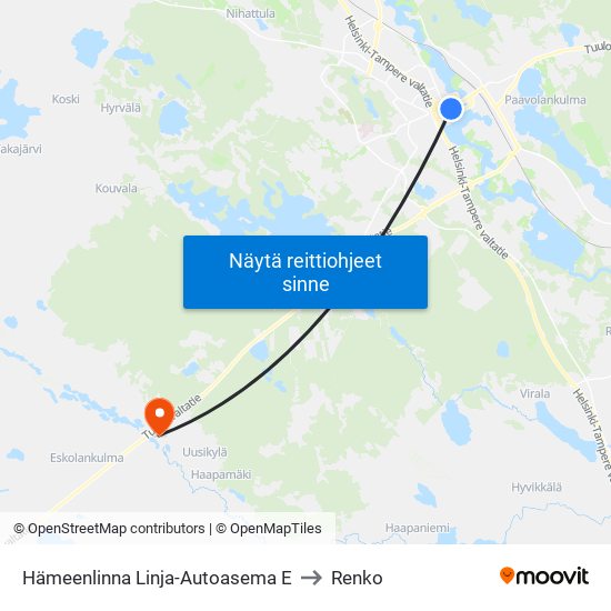 Hämeenlinna Linja-Autoasema E to Renko map