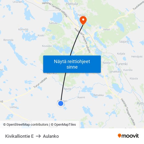 Kivikalliontie E to Aulanko map