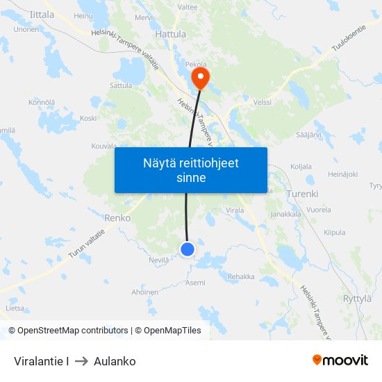 Viralantie I to Aulanko map