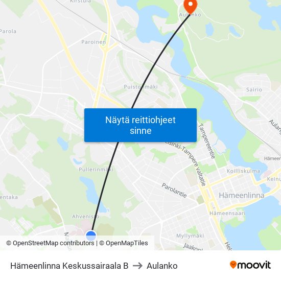 Hämeenlinna Keskussairaala B to Aulanko map