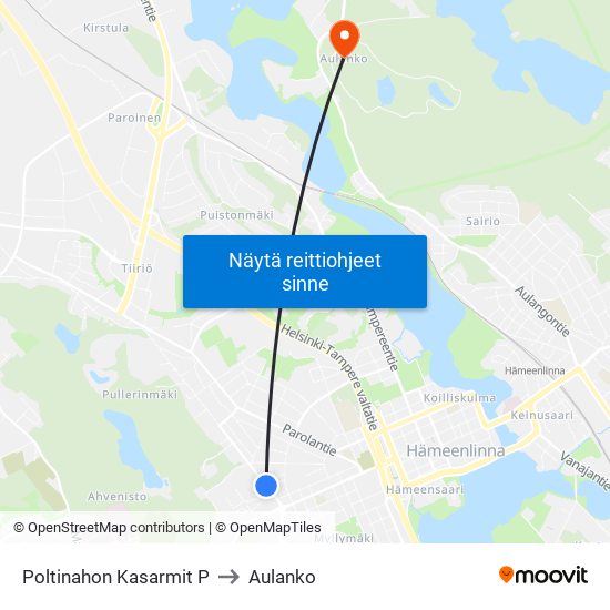 Poltinahon Kasarmit P to Aulanko map