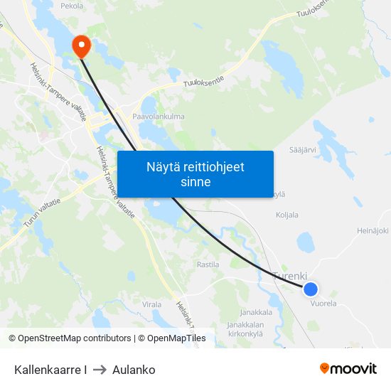 Kallenkaarre I to Aulanko map