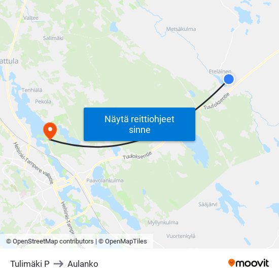 Tulimäki P to Aulanko map