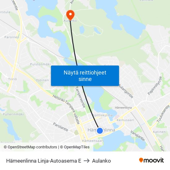 Hämeenlinna Linja-Autoasema E to Aulanko map