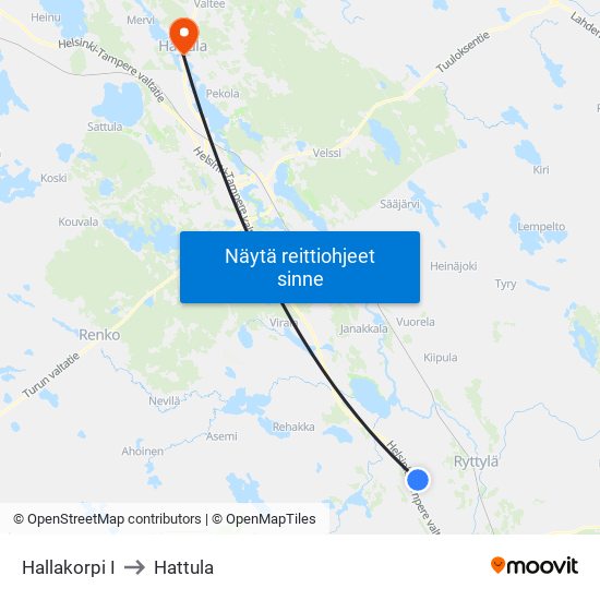 Hallakorpi I to Hattula map