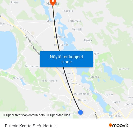 Pullerin Kenttä E to Hattula map