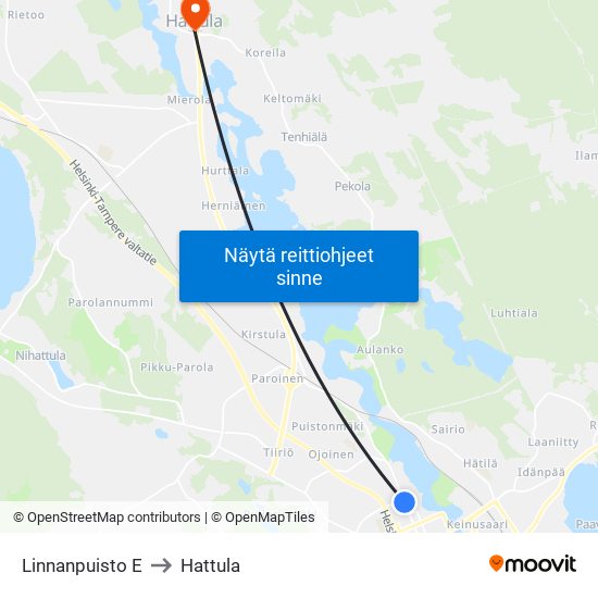 Linnanpuisto E to Hattula map