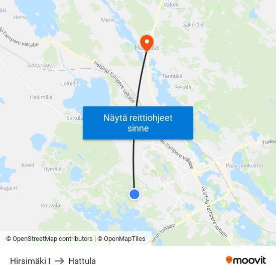 Hirsimäki I to Hattula map