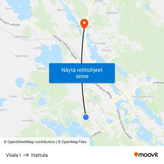 Viiala I to Hattula map