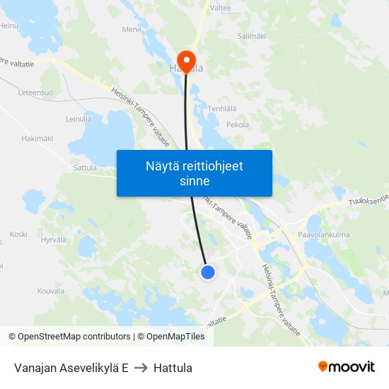 Vanajan Asevelikylä E to Hattula map