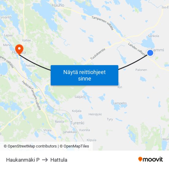 Haukanmäki P to Hattula map