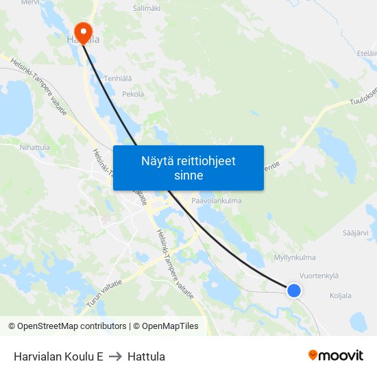 Harvialan Koulu E to Hattula map
